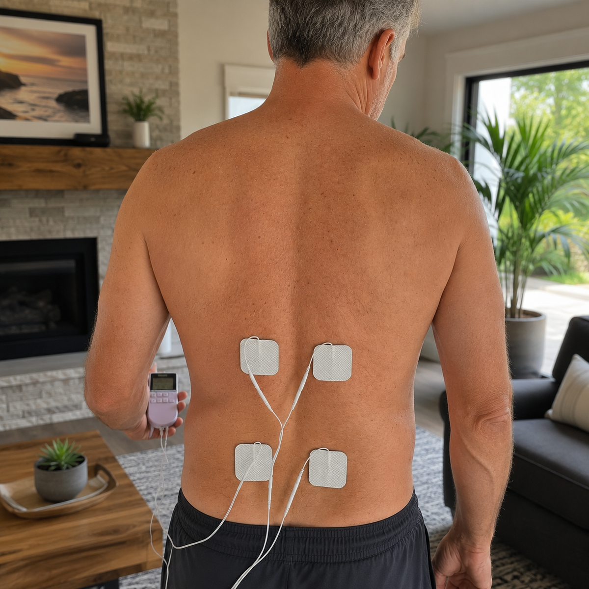 Four white electrode pads positioned on a person's back with lead wires and a handheld controller