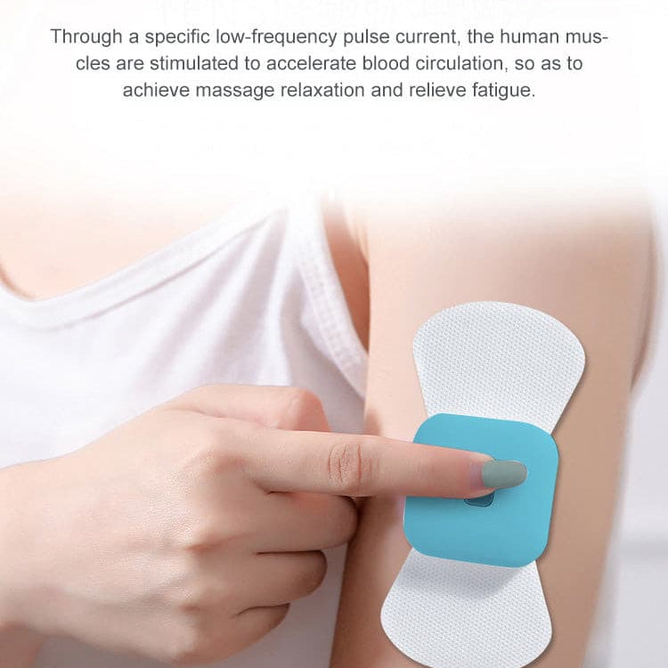 A lady has the TENS Comfee Power square on her arm and is turning it on with her index finger. The text on the photo says: TENS pulse technology.  Through a specific low-frequency pulse current, the human muscles are stimulated to accelerate blood circulation, so as to achieve massage relaxation and relieve fatigue. The TENS machine is blue.