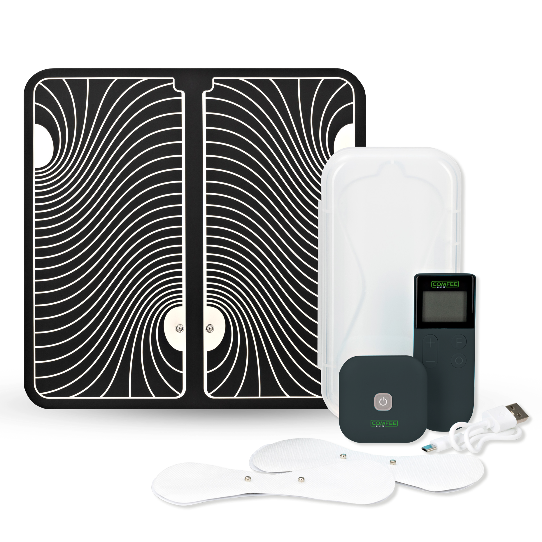 The TENS Comfee square is black in colour and is sitting in front of its plastic storage box. The accessories sitting in front of the TENS machine are the 2 electrode pads and a charging cable. The TENS Comfee Power square also has a remote that is upright and sitting to the right of the device. Behind the TENS machine is a large black and white footpad. The background is white.