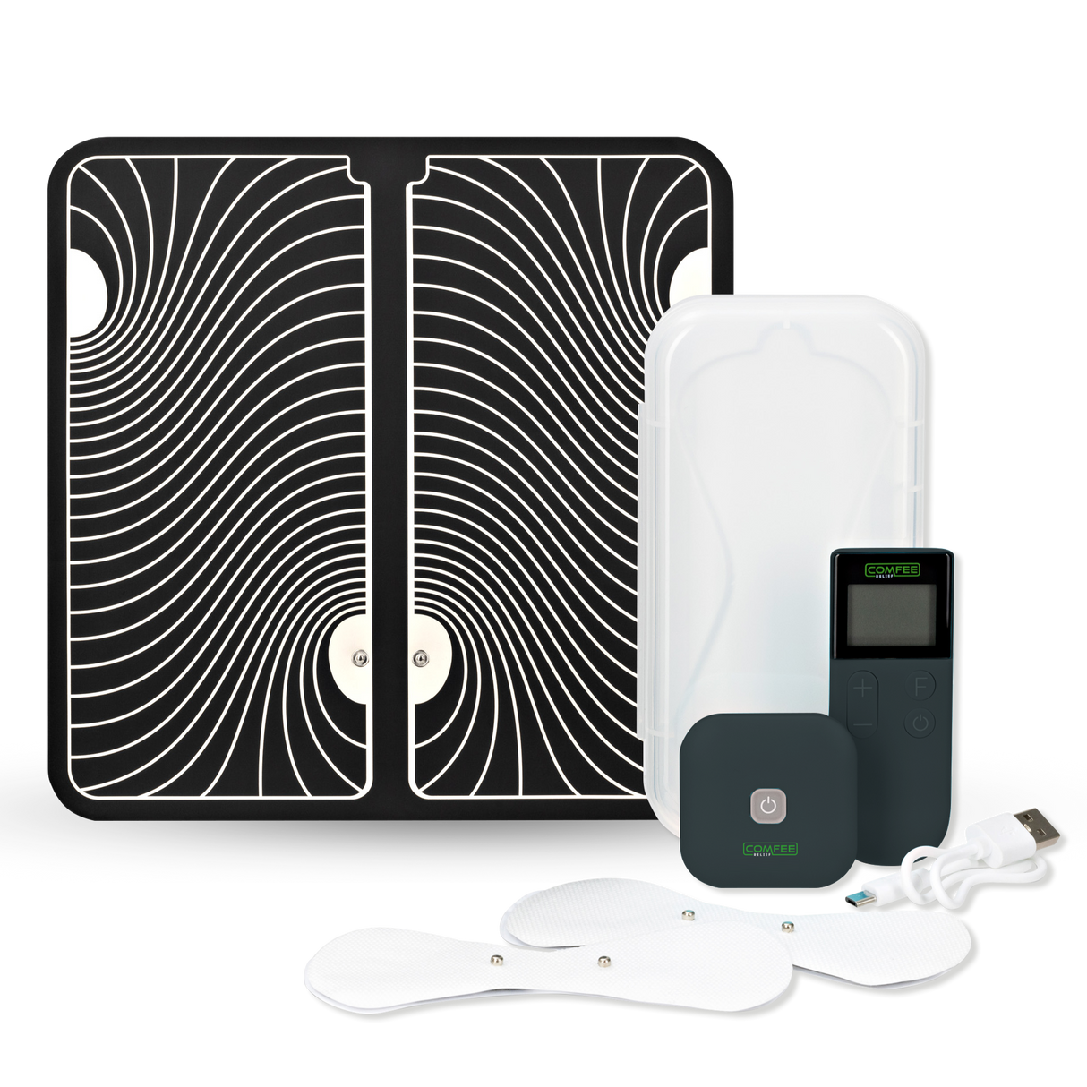 The TENS Comfee square is black in colour and is sitting in front of its plastic storage box. The accessories sitting in front of the TENS machine are the 2 electrode pads and a charging cable. The TENS Comfee Power square also has a remote that is upright and sitting to the right of the device. Behind the TENS machine is a large black and white footpad. The background is white.