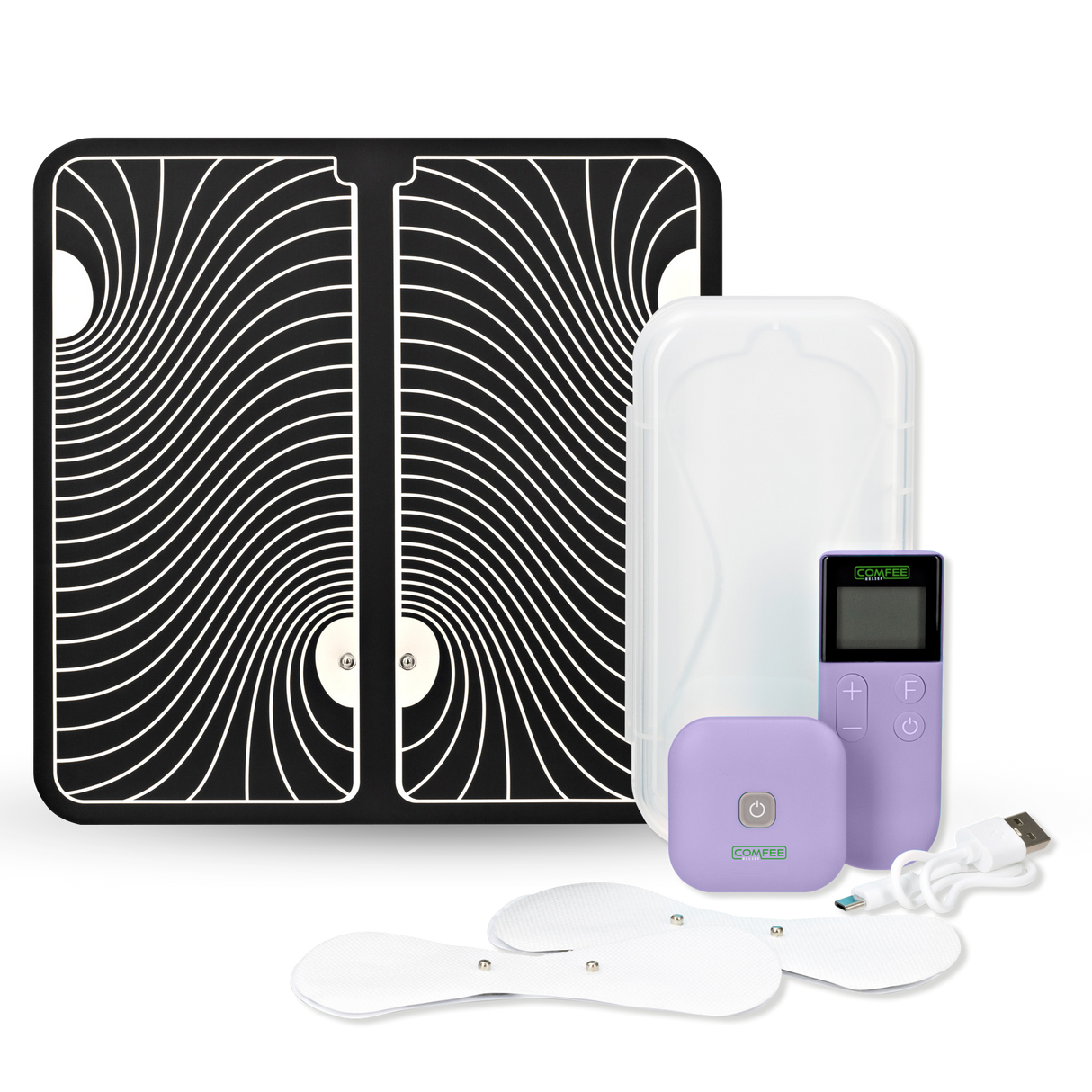 The TENS Comfee square is purple in colour and is sitting in front of its plastic storage box. The accessories sitting in front of the TENS machine are the 2 electrode pads and a charging cable. The TENS Comfee Power square also has a remote that is upright and sitting to the right of the device. Behind the TENS machine is a large black and white footpad. The background is white.