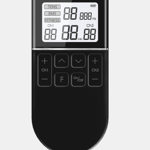 A computer generated graphic of the TENS comfee power3 on a white background. The TENS machine is lit up and displaying the screen, all the numbers are 8's. You can clearly see the Comfee Relief logo and the settings of TENS EMS and Fitness. The TENS machine is black. 