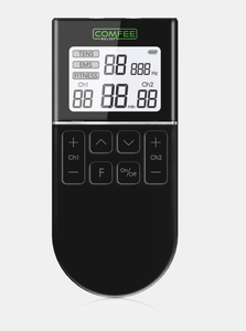 A computer generated graphic of the TENS comfee power3 on a white background. The TENS machine is lit up and displaying the screen, all the numbers are 8's. You can clearly see the Comfee Relief logo and the settings of TENS EMS and Fitness. The TENS machine is black. 