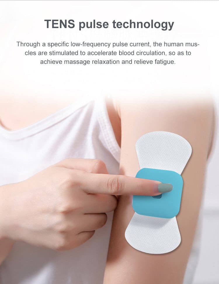 A lady has the TENS Comfee Power square on her arm and is turning it on with her index finger. The text on the photo says: TENS pulse technology.  Through a specific low-frequency pulse current, the human muscles are stimulated to accelerate blood circulation, so as to achieve massage relaxation and relieve fatigue. The TENS machine is blue. 