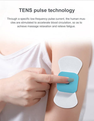 A lady has the TENS Comfee Power square on her arm and is turning it on with her index finger. The text on the photo says: TENS pulse technology.  Through a specific low-frequency pulse current, the human muscles are stimulated to accelerate blood circulation, so as to achieve massage relaxation and relieve fatigue. The TENS machine is blue. 