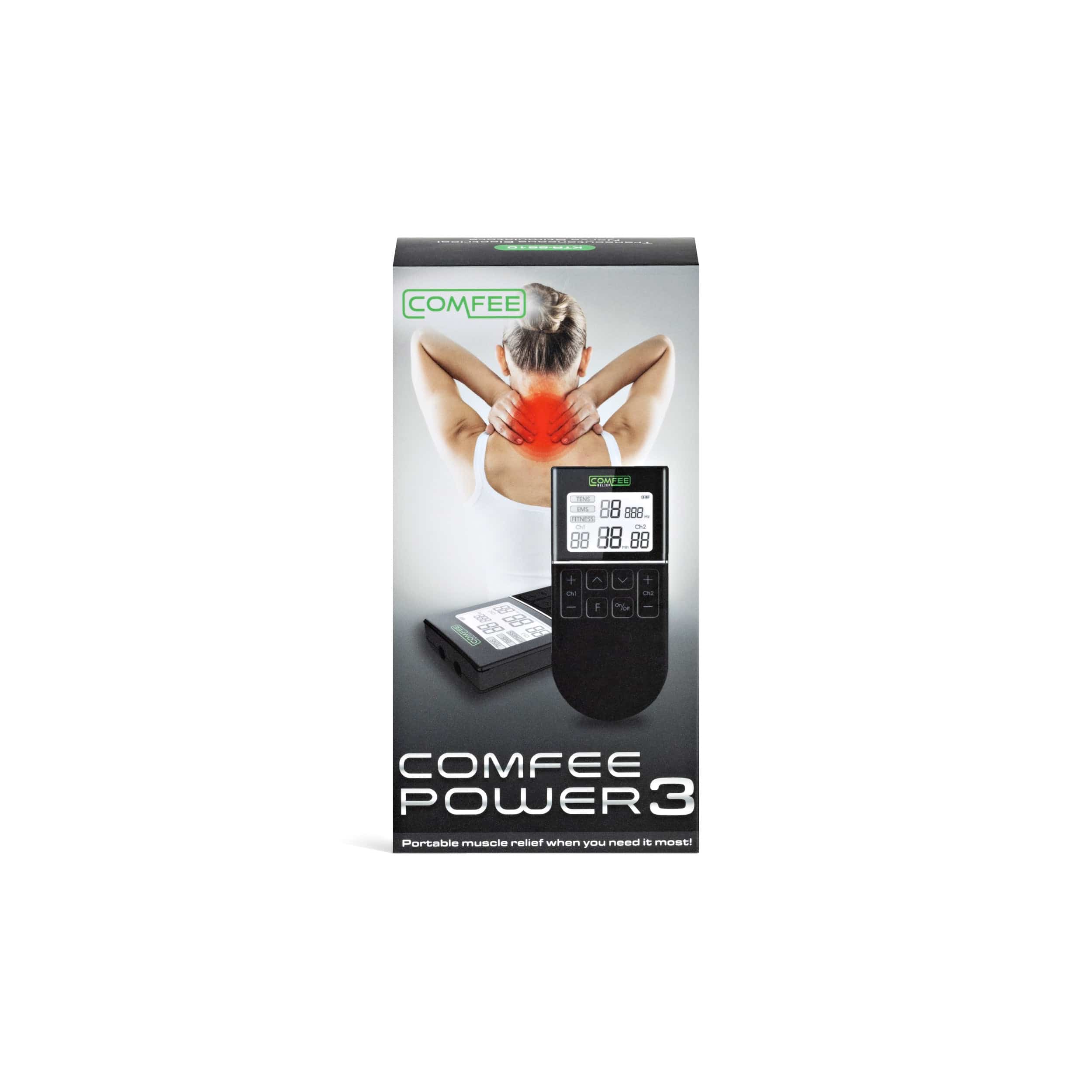 The TENS Comfee Power3 display box. The box is on a white background. On the box is a photo of a lady holding her neck, back view and the are red. She is blond and has her hair up in a bun.  The TENS Comfee Power3 is in front of her, lit up. The product name is at the bottom of the box (Comfee power3) and the company logo Comfee Relief is on the top left corner. 