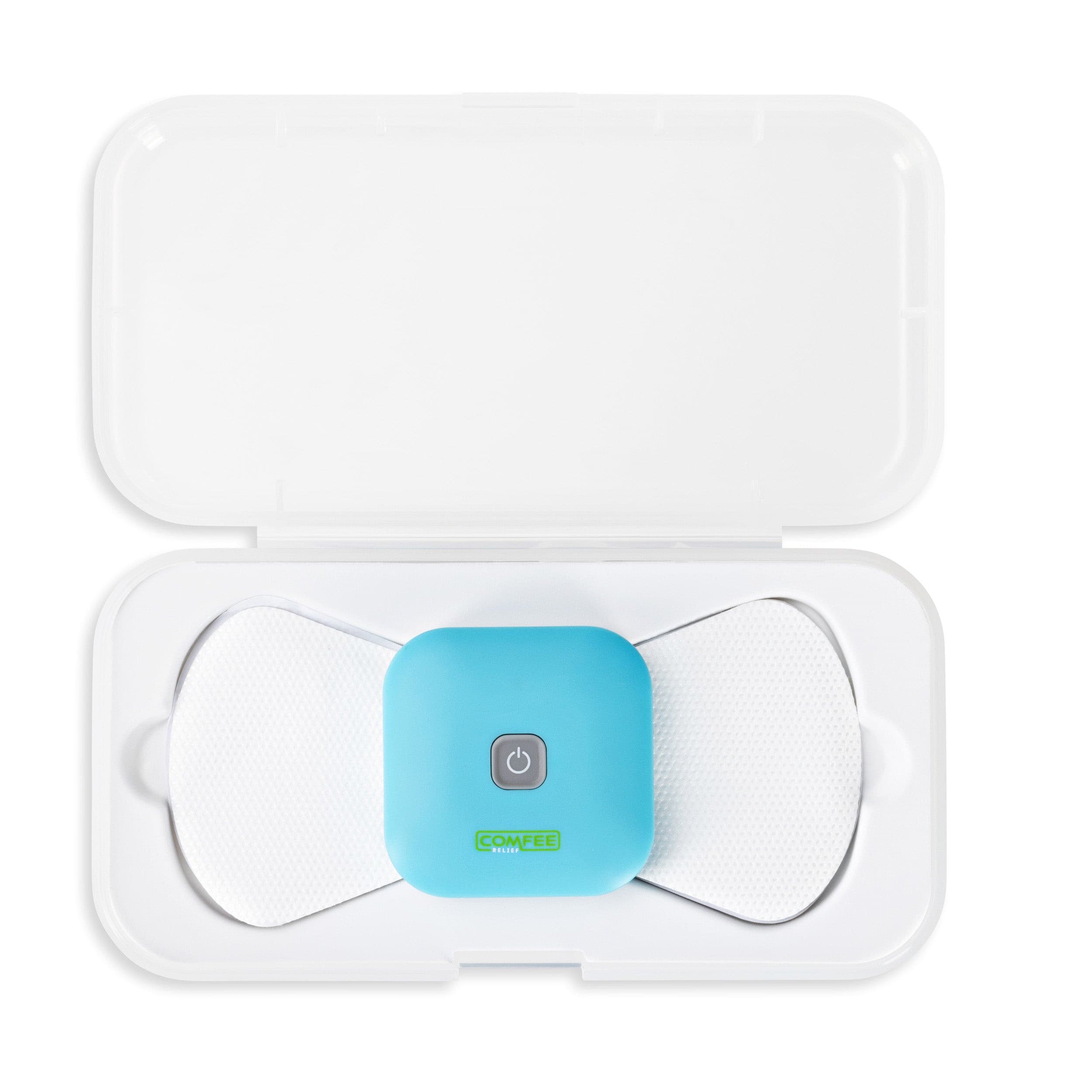 TENS Machine Comfee Power Square on display in its plastic carry box. The TENS machine is sitting on an Electrode sticky pad. The TENS machine is blue in colour, the background is white.