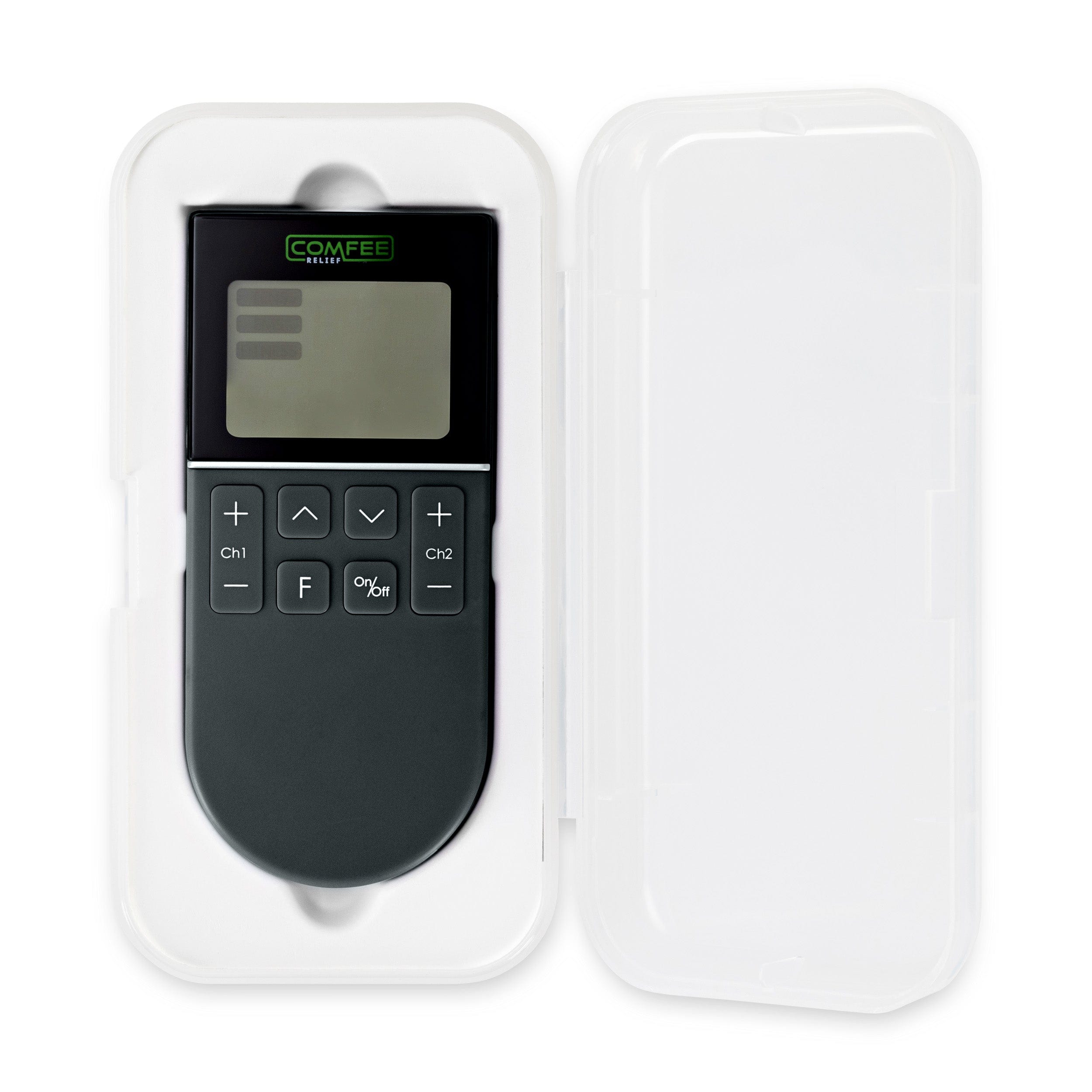 TENS Comfee Power3 is in its carry box with a white background. The colour of the TENS machine is black and you can clearly see the Comfee Relief logo on the top of the TENS machine. 