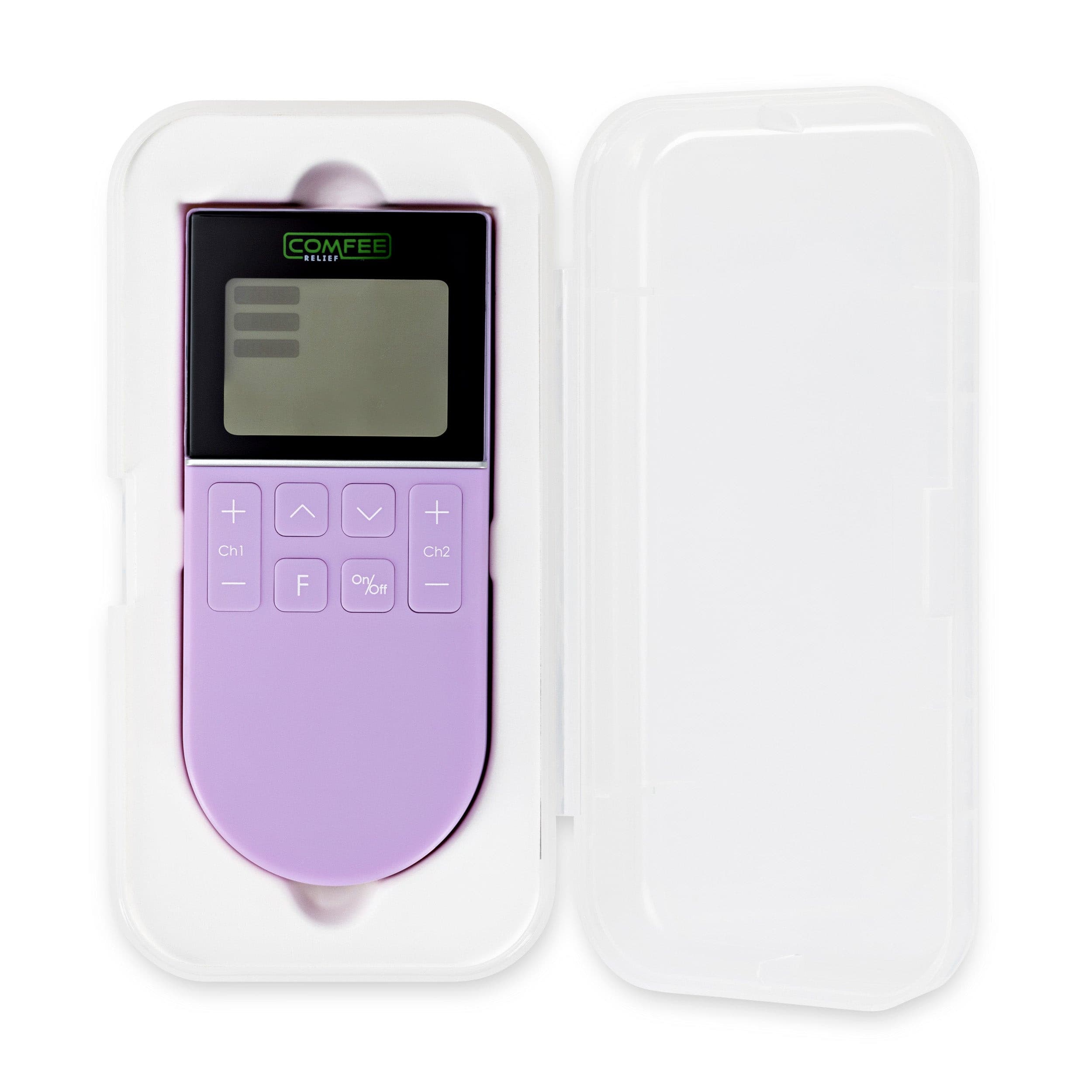 TENS Comfee Power3 is in its carry box with a white background. The colour of the TENS machine is purple and you can clearly see the Comfee Relief logo on the top of the TENS machine. 