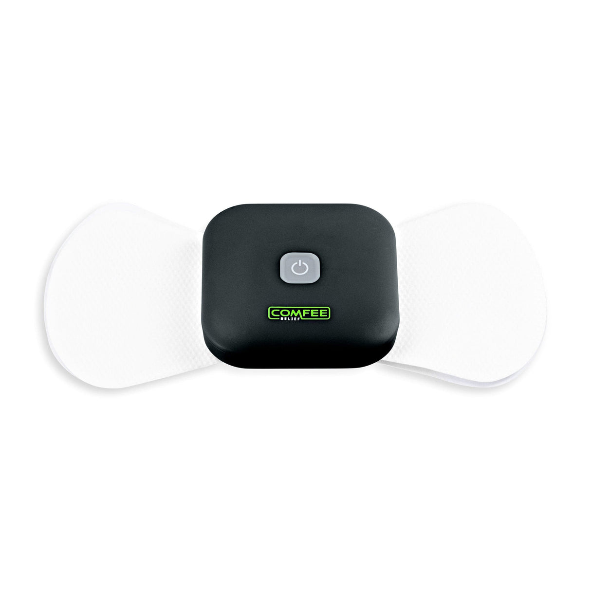 The comfee power square is attached to an electrode sticky pad on a white background. The TENS machine is black in colour and clearly displays the logo Comfee Relief as well as the on/off button which is grey. 