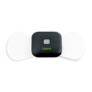 The comfee power square is attached to an electrode sticky pad on a white background. The TENS machine is black in colour and clearly displays the logo Comfee Relief as well as the on/off button which is grey. 