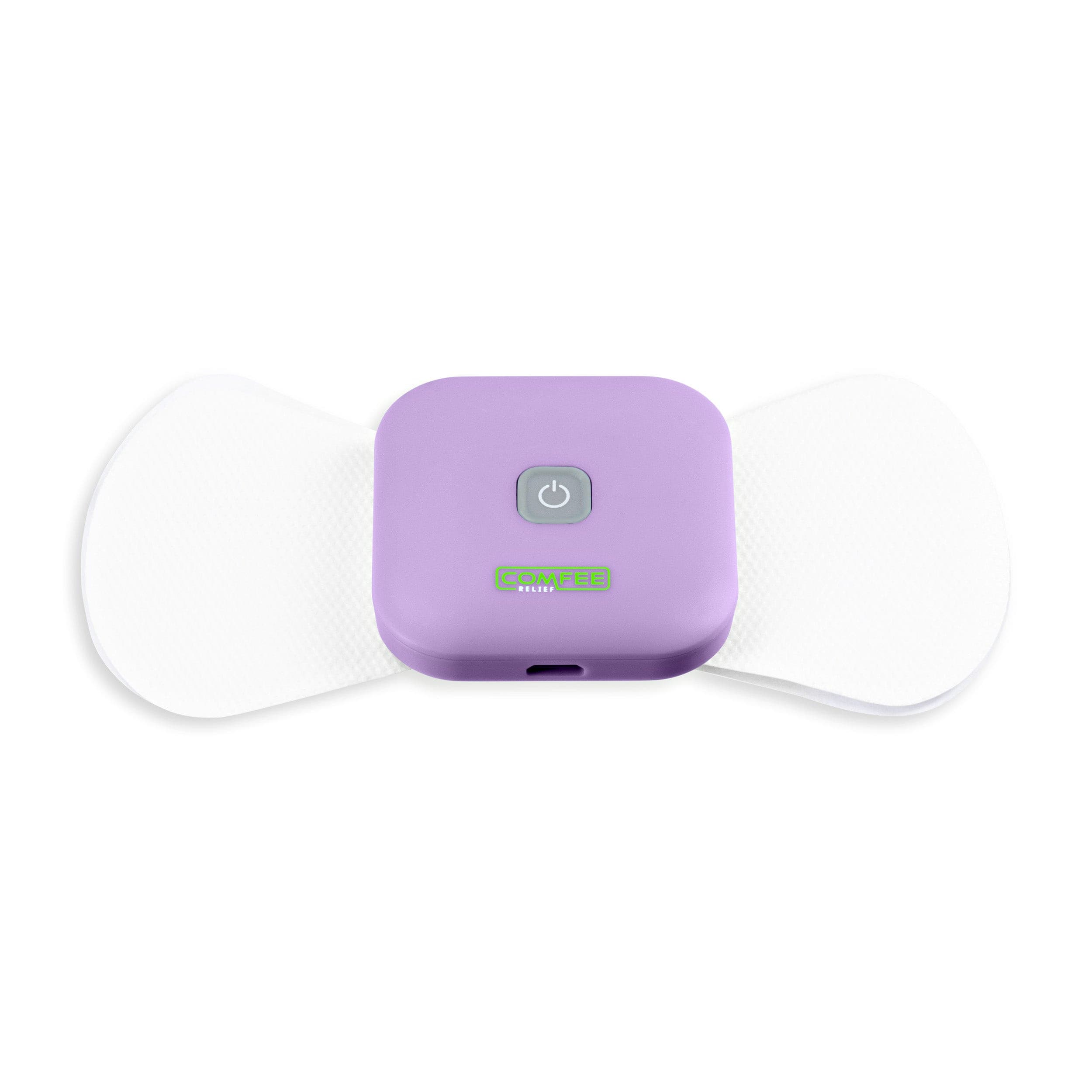 The comfee power square is attached to an electrode sticky pad on a white background. The TENS machine is purple in colour and clearly displays the logo Comfee Relief as well as the on/off button which is grey. 