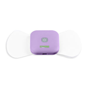 The comfee power square is attached to an electrode sticky pad on a white background. The TENS machine is purple in colour and clearly displays the logo Comfee Relief as well as the on/off button which is grey. 