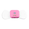 The comfee power square is attached to an electrode sticky pad on a white background. The TENS machine is pink in colour and clearly displays the logo Comfee Relief as well as the on/off button which is grey. 
