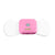 The comfee power square is attached to an electrode sticky pad on a white background. The TENS machine is pink in colour and clearly displays the logo Comfee Relief as well as the on/off button which is grey. 