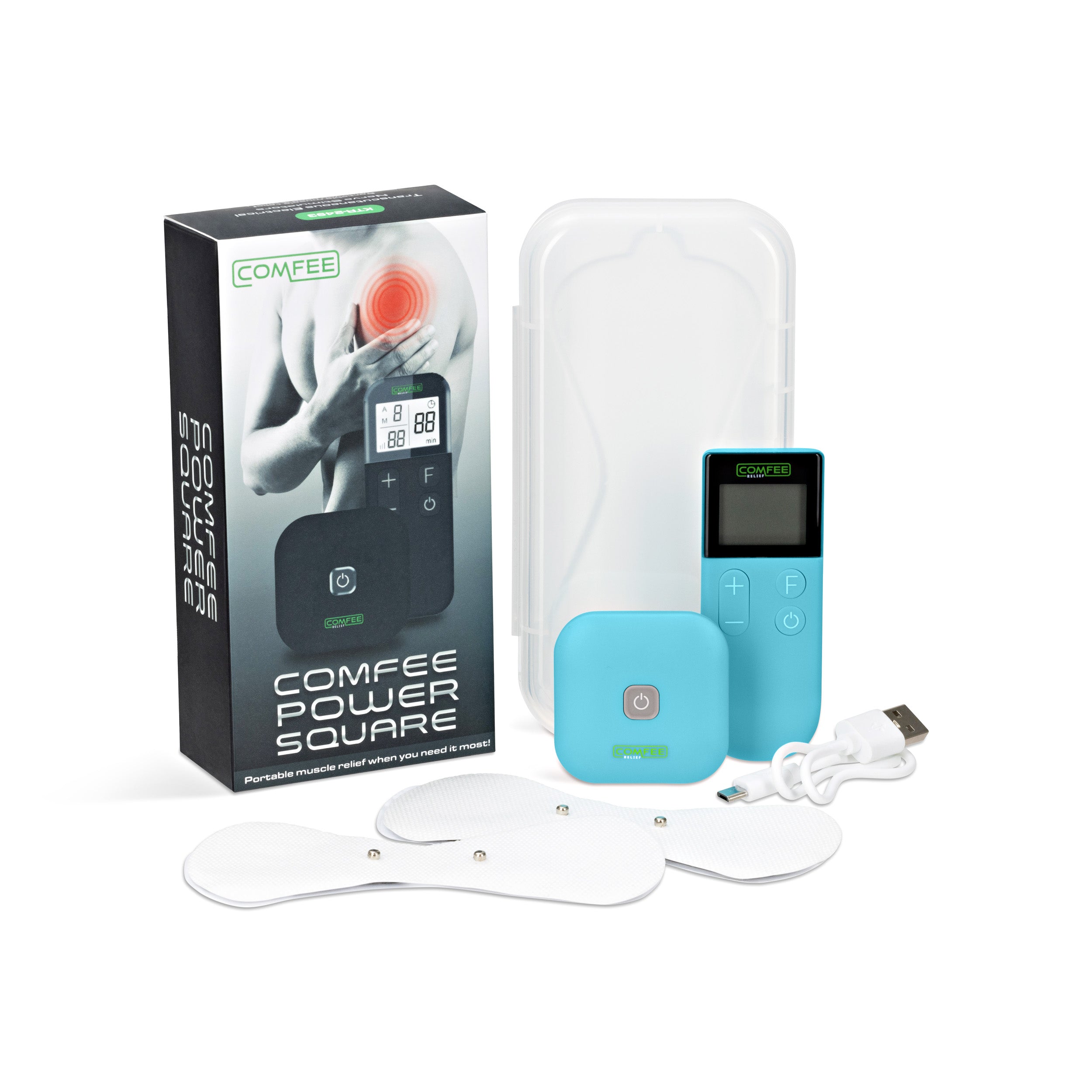 TENS Machine Comfee Power Square on display with the TENS machine packaging, carry box, 2 electrode sticky pads and charging cable. The TENS machine is wireless and is sitting next to the remote, both are blue in colour, the background is white.