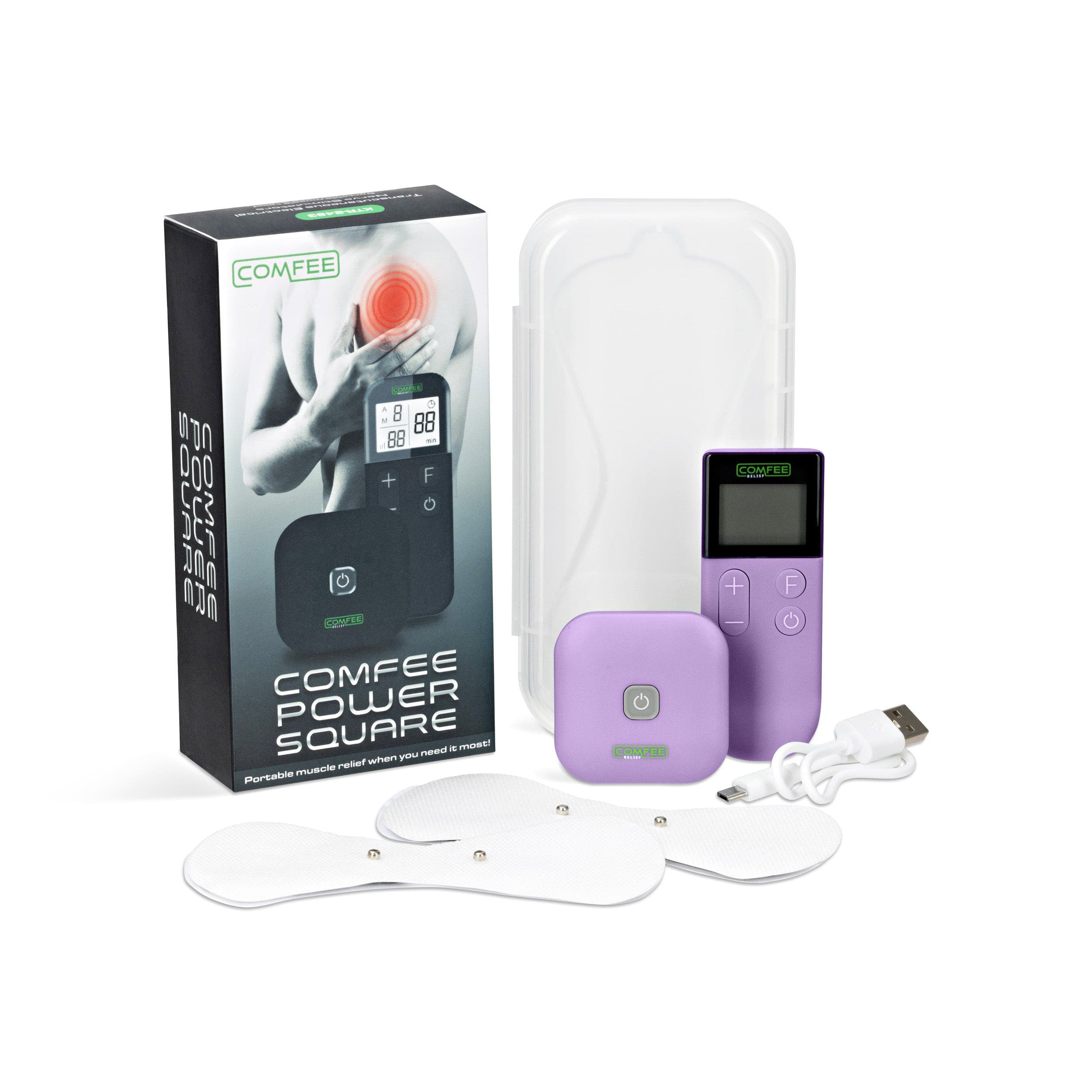 TENS Machine Comfee Power Square on display with the TENS machine packaging, carry box, 2 electrode sticky pads and charging cable.  The TENS machine is wireless and is sitting next to the remote, both are purple in colour, the background is white.