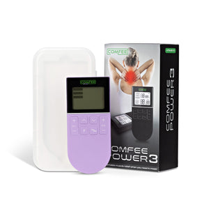 TENS Machine Comfee Power3 is on display in front of its packaging box and plastic storage box. The background is white and the TENS machine is purple in colour. 