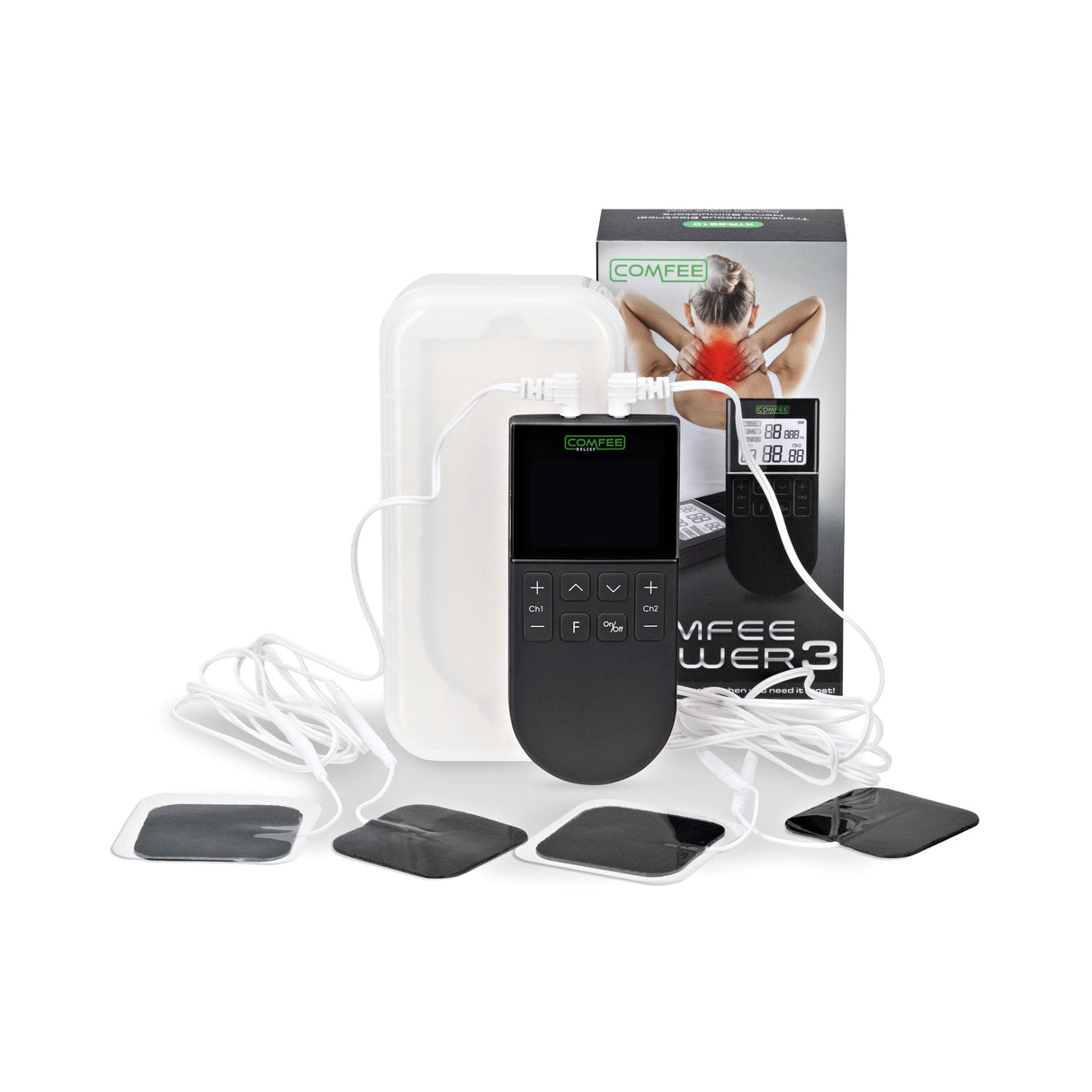 TENS Machine Comfee Power3 is on display in front of its packaging box and plastic storage box. At the front of the TENS machine are the 4 electrode sticky pads that come with the TENS machine, they are plugged into 2 white cords that go from the electrode pads into the top of the device. The background is white and the TENS machine is black in colour. 