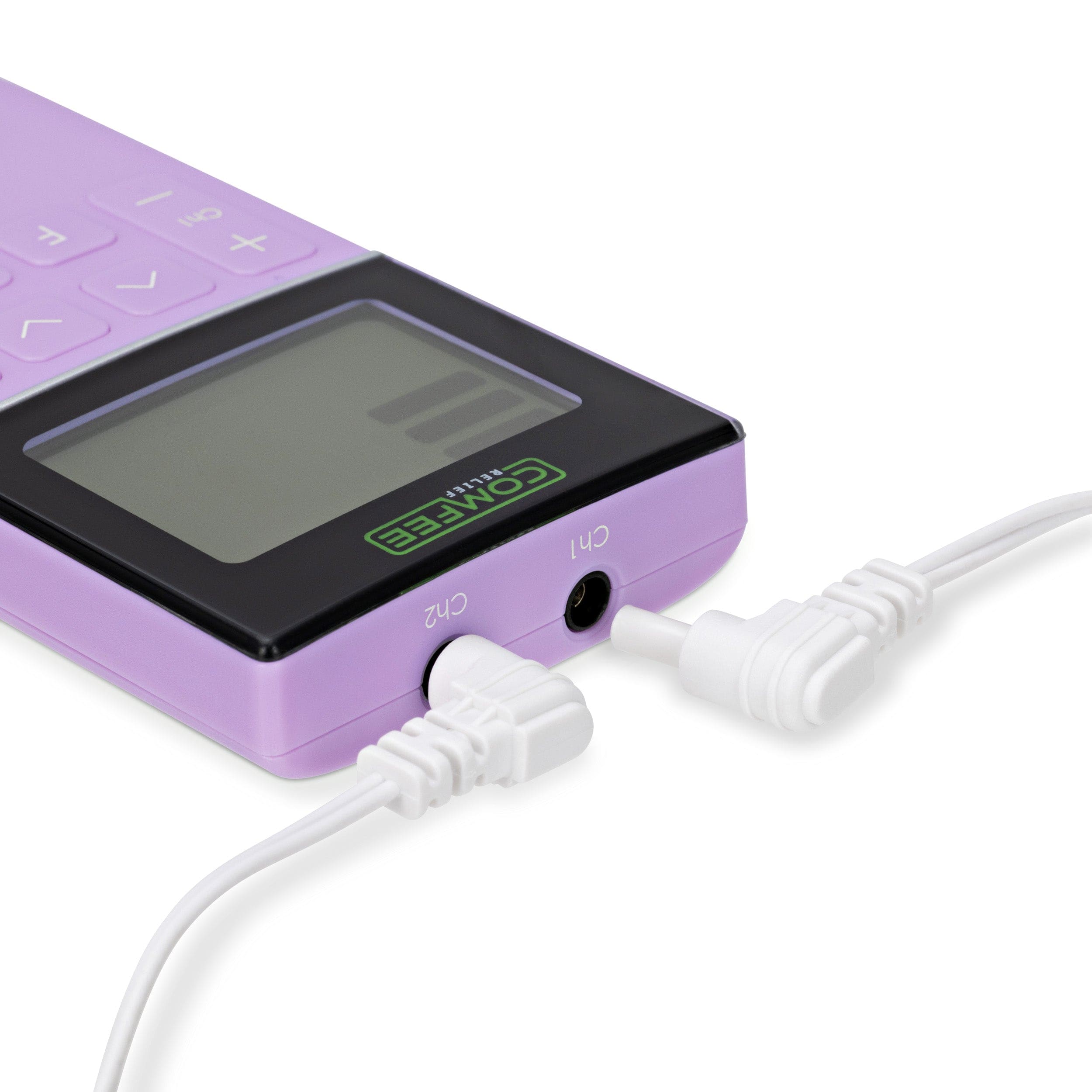 Close up of the TENS Comfee power3. Half of the TENS machine is shown fron a top view where you can see one white cord plugged in and one close to the channel hole showing how it is attached. The background is white and the TENS machine is purple. You can clearly see the Comfee Relief logo upside down.