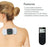 The TENS Comfee power square is sitting on a ladies naked back. The TENS machine is black in colour. The writing on the graphic is in dot points and reads:  Features. - 6 Auto modes/sensations. 9 manual modes/sensations. 16 levels of intensity. Adjustable times: 15, 30, 45mins. Completely wireless (remote use). 