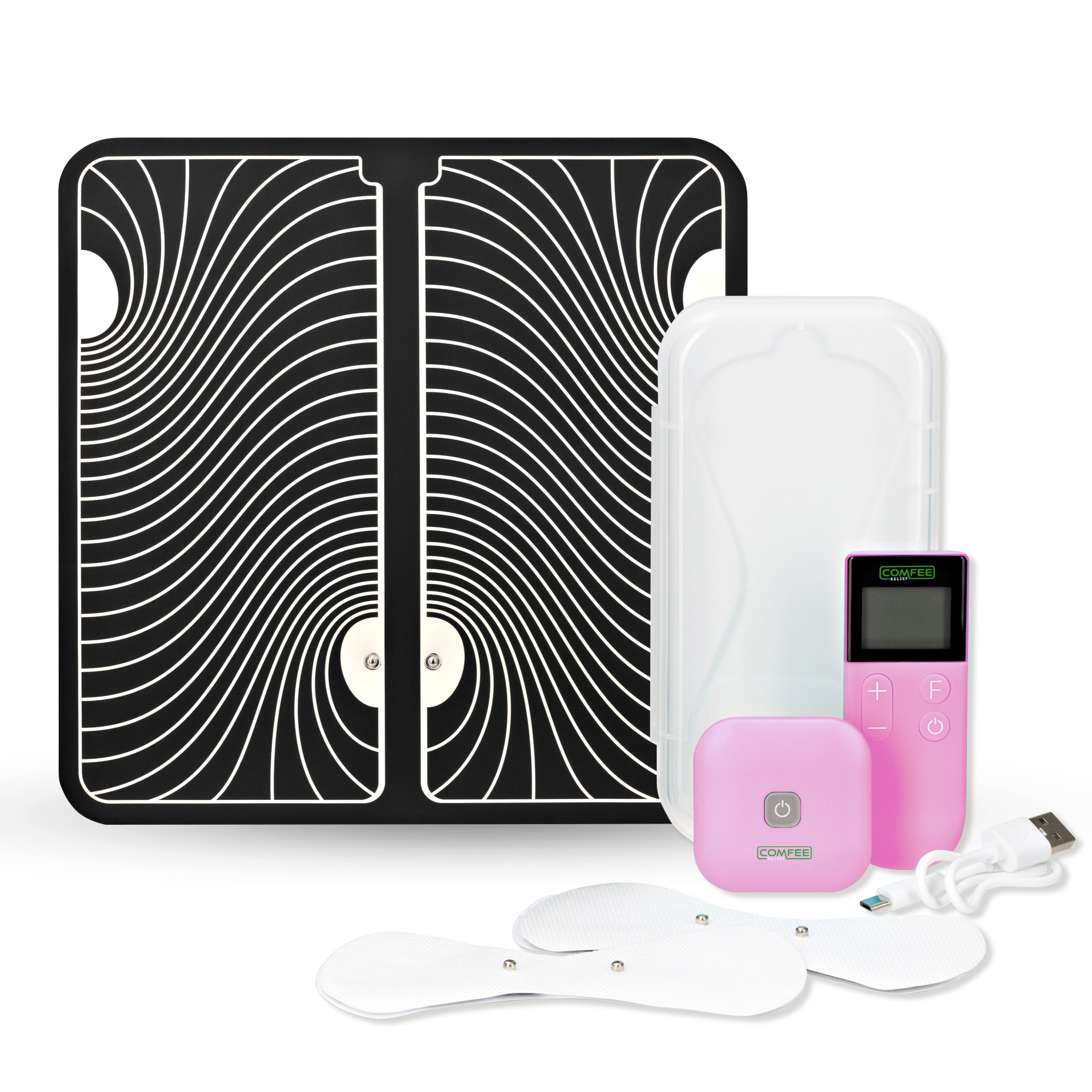 The TENS Comfee square is pink in colour and is sitting in front of its plastic storage box. The accessories sitting in front of the TENS machine are the 2 electrode pads and a charging cable. The TENS Comfee Power square also has a remote that is upright and sitting to the right of the device. Behind the TENS machine is a large black and white footpad. The background is white. 
