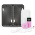 The TENS Comfee square is pink in colour and is sitting in front of its plastic storage box. The accessories sitting in front of the TENS machine are the 2 electrode pads and a charging cable. The TENS Comfee Power square also has a remote that is upright and sitting to the right of the device. Behind the TENS machine is a large black and white footpad. The background is white. 