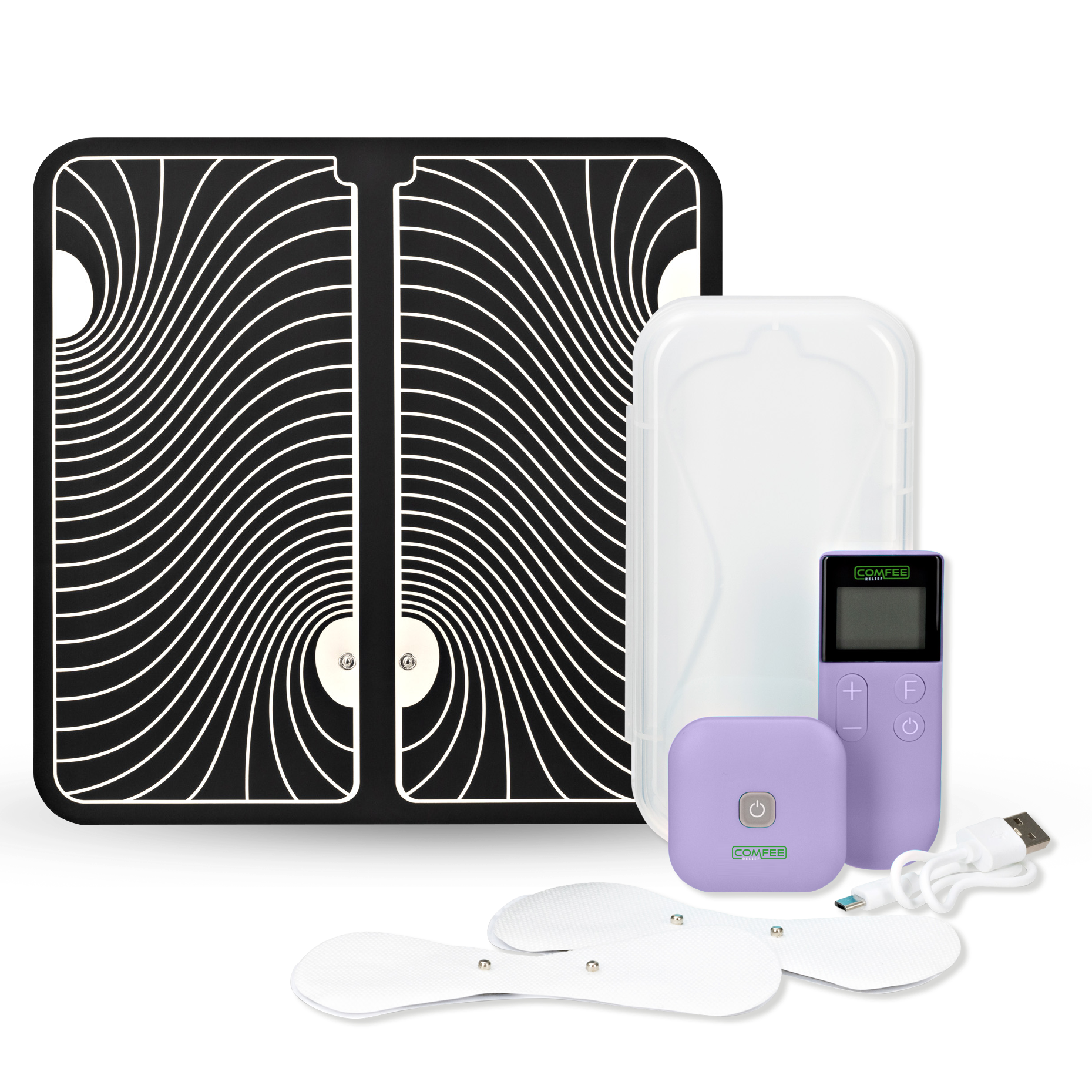 The TENS Comfee square is purple in colour and is sitting in front of its plastic storage box. The accessories sitting in front of the TENS machine are the 2 electrode pads and a charging cable. The TENS Comfee Power square also has a remote that is upright and sitting to the right of the device. Behind the TENS machine is a large black and white footpad. The background is white. 
