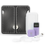 The TENS Comfee square is purple in colour and is sitting in front of its plastic storage box. The accessories sitting in front of the TENS machine are the 2 electrode pads and a charging cable. The TENS Comfee Power square also has a remote that is upright and sitting to the right of the device. Behind the TENS machine is a large black and white footpad. The background is white. 
