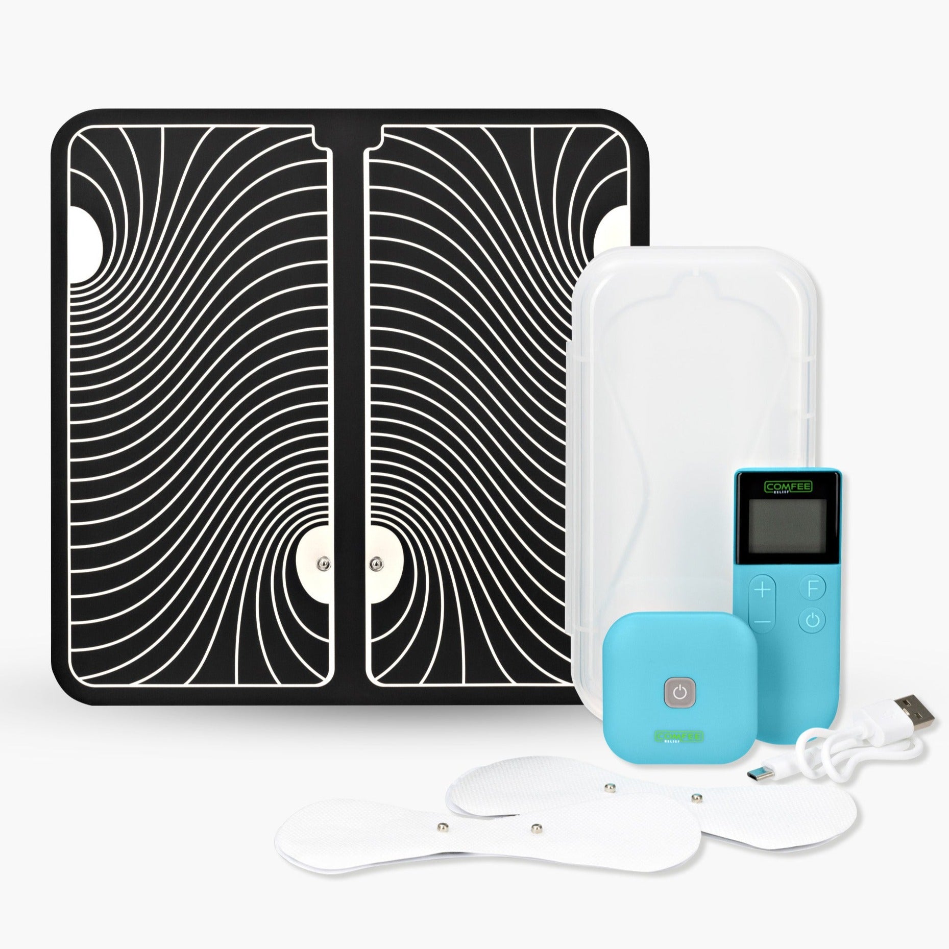 The TENS Comfee square is blue in colour and is sitting in front of its plastic storage box. The accessories sitting in front of the TENS machine are the 2 electrode pads and a charging cable. The TENS Comfee Power square also has a remote that is upright and sitting to the right of the device. Behind the TENS machine is a large black and white footpad. The background is white. 